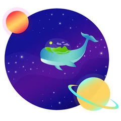 Fotobehang whale floating in space with a planet on its back © Виктория Лебедева