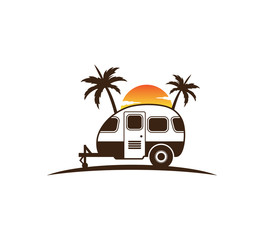 camp trailer standing in front of sunset and palm tree silhouette for beach holiday camping adventure logo design
