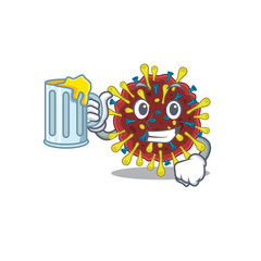 Cheerful corona virus molecule mascot design with a glass of beer