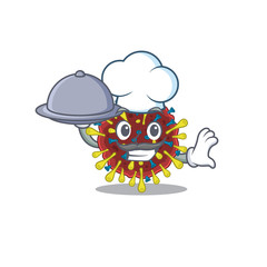 Corona virus molecule as a chef cartoon character with food on tray