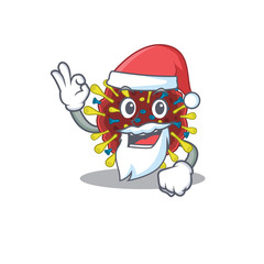 Corona virus molecule in Santa cartoon character design showing ok finger