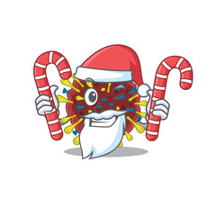 Friendly corona virus molecule in Santa Cartoon character having candies