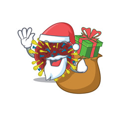 Santa corona virus molecule Cartoon character design with box of gift