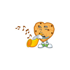 Chocolate chips love cartoon character playing music with a trumpet
