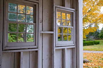 Fototapeta na wymiar White window frame in farm, Georgetown, Ontario, Canada.