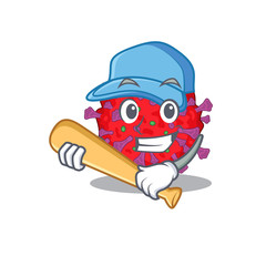 Mascot design style of coronavirus particle with baseball stick