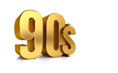 90$. ninety price symbol. gold text 3d render. on white background