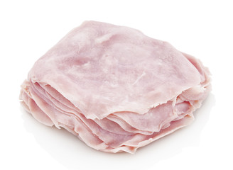 Slices of smoked ham from butchery on white background. Shaved ham from pork-butcher's on a white bg. Isolated on white background with shadow reflection. With clipping (vector) path. Studio shot.
