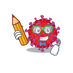 A smart student coronavirus particle character with a pencil and glasses