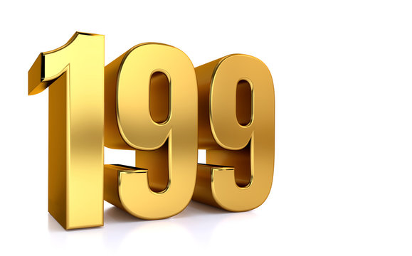 one hundred ninety-nine, 3d illustration golden number 199 on white background and copy space on right hand side for text