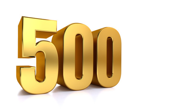 five hundred, 3d illustration golden number 500 on white background and copy space on right hand side for text