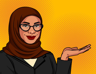 Vector color illustration in pop art style. Muslim woman in a traditional scarf and glasses shows something. Arabic successful business woman over dot background. Advertising banner