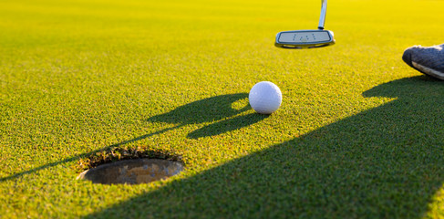 Golf club and ball in grass at the Golf course. White Golf ball on Green field golf course in...