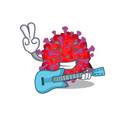 Supper cool coronavirus particle cartoon playing a guitar