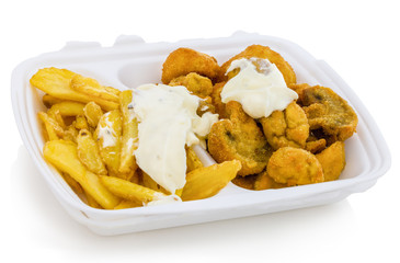 European fast food. Quickly prepared fried agarics with tartar sauce and french fries in plastic fastfood packaging. Quickly prepared gypsy mushrooms with french fries for lunch.