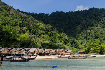 Fototapeta na wymiar The Moken Sea Gypsy Village at Koh Surin on the Mu Ko Surin National Park, Surin Islands of Thailand.