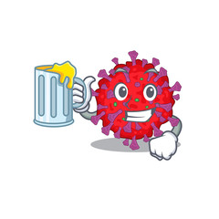 Cheerful coronavirus particle mascot design with a glass of beer