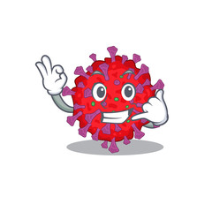 Coronavirus particle mascot cartoon design showing Call me gesture