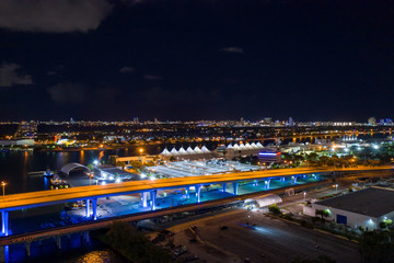 Night photo Port Miami FL USA aerial