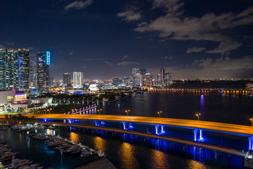 Fototapeta na wymiar Bayfront scene Miami night aerial