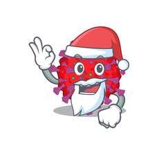 coronavirus particle in Santa cartoon character design showing ok finger