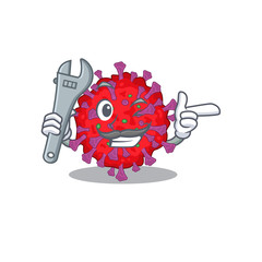A picture of cool mechanic coronavirus particle cartoon character design