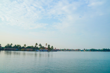 River side view with coconut tree and house in alleppey. Kerala 