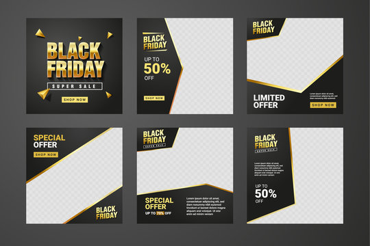 Set of Editable Black Friday gold banner template. instagram background color with stripe line shape. Suitable for social media post and web internet ads. Vector illustration with photo college
