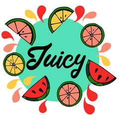 vector illustration of bright  frames stickers, emblems and banners for fruit and  fresh juice. Juicy fruit in the style of Doodle, flat.