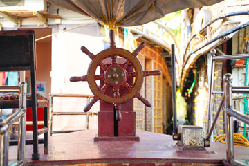 Close-up view of boat steering wheel 