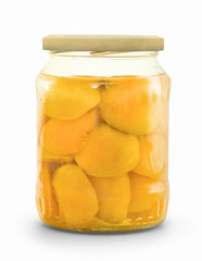 Sealed apricots in a glass cup. Apricot compote. Canned aricots in glass Jar. Preserved fruit in glass. Stewed apricots.