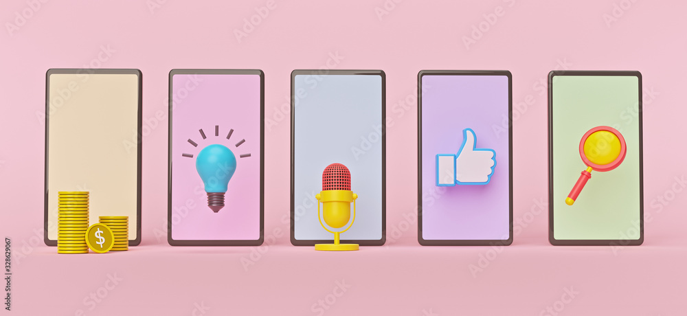 Poster smartphone apps concept design. minimal style symbols. horizontal banner. 3d rendering