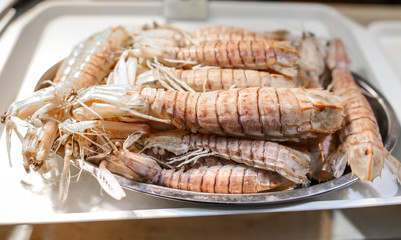 Fresh sea prawns on a counter