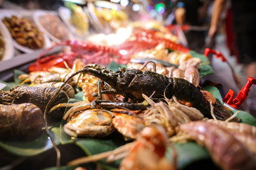 Seafood in a shop window in a cafe.