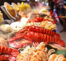 Seafood in a shop window in a cafe.