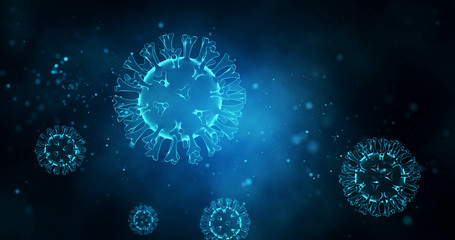 Pathogenic viruses on a bright shiny blue background. Viral disease outbreak. 3d render.