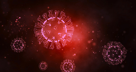 Obraz premium Pathogenic viruses on a bright shiny red background. Viral disease outbreak. 3d render.