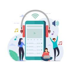 Online Music Playlist design concept with tiny people