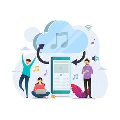 Cloud connect smartphone streaming music with cloud storage and tiny people design concept
