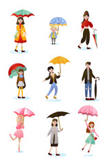 Set of smiling people character of different ages with umbrellas