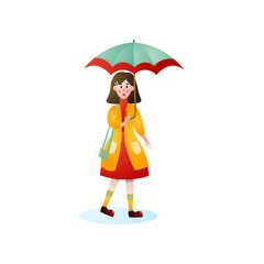Cute smiling woman walking under rain on city street