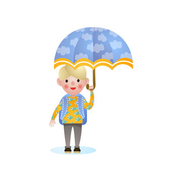 Happy smiling blonde school kid with blue umbrella