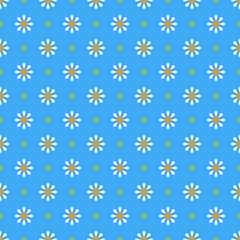 Fototapeta na wymiar Chamomile geometric seamless pattern. Isolated daisy on blue background, abstract simple flower design. Modern minimal design. Vector illustration perfect for graphic design ,textiles, print etc.