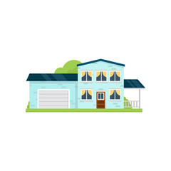 Blue house with garage in luxury region of big city