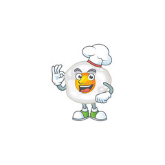 A picture of fried egg cartoon character wearing white chef hat
