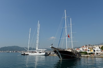 Turkish gulet ships at the pier of the Turkish city of Marmaris