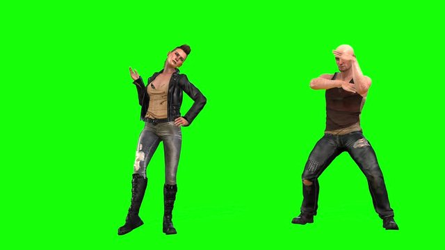 4k 3d animation of two avatar characters dancing together, a dark haired punk style girl in leather jackets and a young bald man in tee shirt and jeans