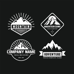 Obraz premium Mountains logo emblem vector illustration. Outdoor adventure expedition, mountains silhouette shirt, print stamp. Vintage typography badge design.
