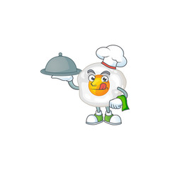 chef cartoon character of fried egg with food on tray