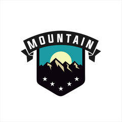 Mountains logo emblem vector illustration. Outdoor adventure expedition, mountains silhouette shirt, print stamp. Vintage typography badge design.